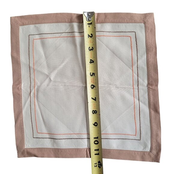 Vintage Luncheon Cocktail Napkins Cream with Brown Trim Orange and Brown Stitch - Picture 3 of 5